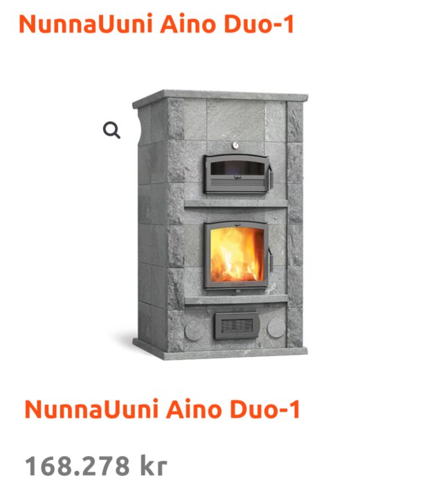 NunnaUuni Aino Duo-1 eldstad i täljsten med glaslucka och synlig brasa, pris 168.278 kr.