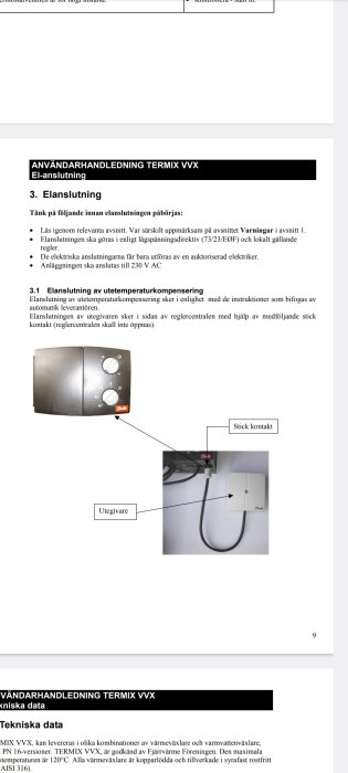 Bild av användarmanual för Termix VVX, visar elanlutning med diagram av reglerecentral och utegivare med stickkontakt.