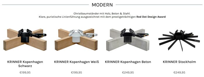 Fyra julgransfötter från Krinner: två i träfinish (svart och vit), en i betong, och en svart med flera armar, med priser under varje produkt.