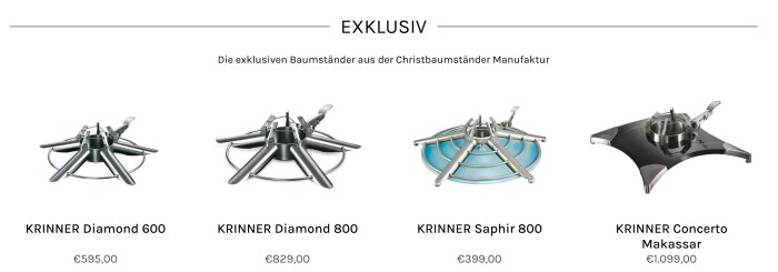 Bild av fyra julgransfotmodeller från Krinner: Diamond 600, Diamond 800, Saphir 800 och Concerto Makassar, med priser under varje modell.