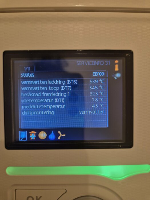 Display av temperatur och statusinformation för ett husvärmesystem med värden för varmvatten och utetemperatur.