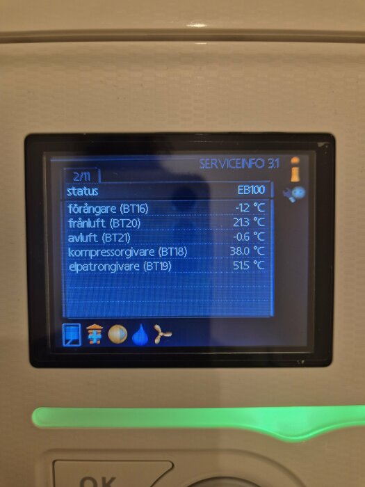 Display med husets värmepumpsystem, visar olika temperaturer för förångare, frånluft, avluft, kompressor och elpatron.