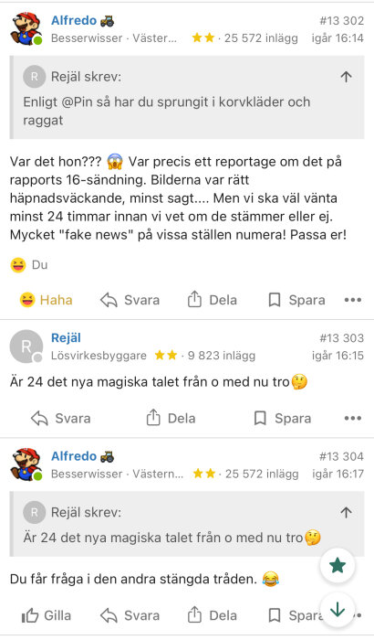 Skärmdump av ett diskussionsforum med inlägg om ett nyhetsinslag, starka reaktioner och tveksamhet kring rapporter.