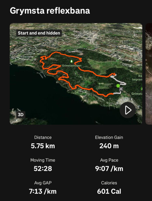 Karta över Grymsta reflexbana med 5,75 km spår. Information om höjdökning 240 m, tid 52:28, tempo 9:07/km, brända kalorier 601.