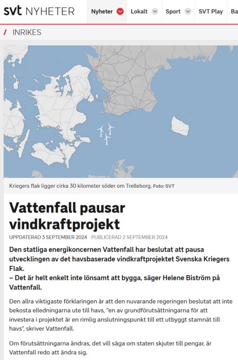 Karta över Skåne med markering för havsbaserad vindkraftspark söder om Trelleborg, relaterad till Vattenfalls pausade projekt.