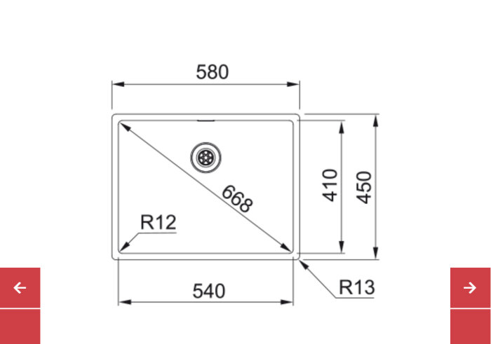 Diskbänk Bxx 210-54 ritning med mått: 580 mm bredd, 450 mm djup, detaljer som avloppsplacering och radier R12 och R13.