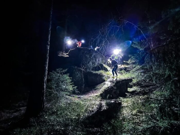 Personer med pannlampor vandrar i en mörk skog på en stenig stig.