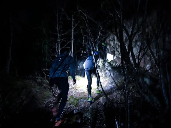 Två personer vandrar i skogen på natten med pannlampor, omgivna av träd och buskar, på en smal stig i mörker.