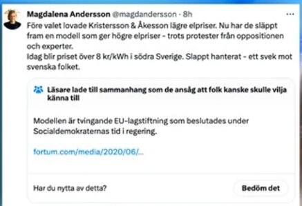 Twitterinlägg om elpriser i Sverige, med kritik mot Kristersson och Åkesson för högre elpriser. Texten lyfter fram brist på hantering och svek mot folket.