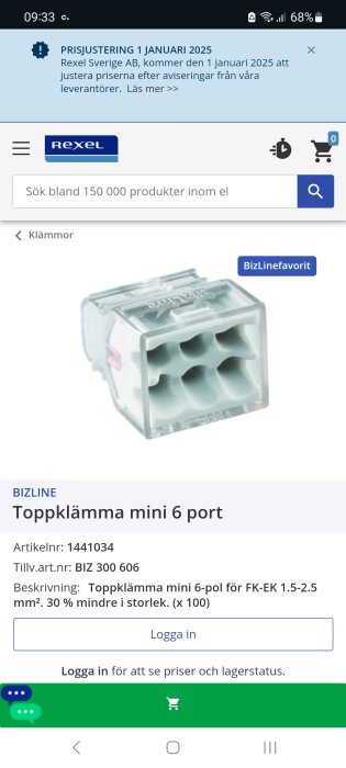 Bild på en BizLine toppklämma mini med 6 portar för FK-EK 1.5-2.5 mm², visas som produktbild i en onlinebutik.