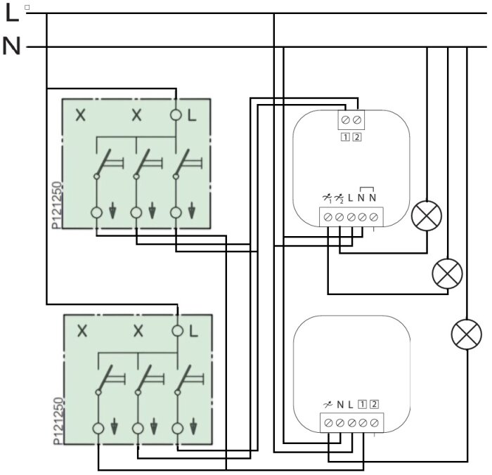 Diagram över kopplingsschema för Plejd dim-01 och dim-02 framställda i "paint", visar takbelysningsinstallation med strömställare och lampor.