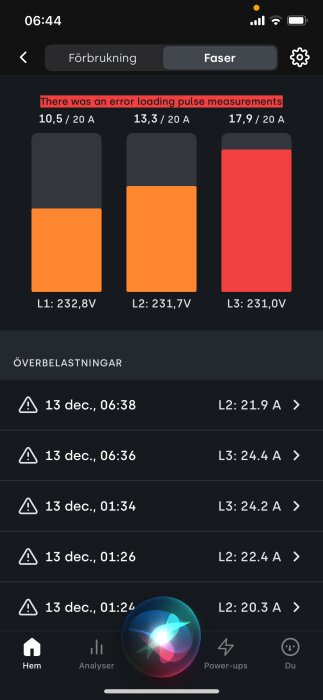 Skärmbild av Tibber-app som visar strömförbrukning i faser med överbelastningar och varningar för 13 december kl. 06:38, 06:36 och 01:34.