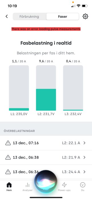 Tibber-app med fasbelastning i realtid visar tre faser och meddelanden om överbelastning. Felmeddelande om pulsmätning visas högst upp.