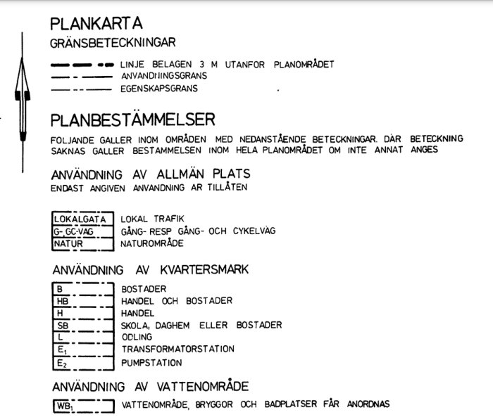 Plankarta med gränsbeteckningar och planbestämmelser för olika användningsområden, inklusive allmän plats, kvartersmark och vattenområde.