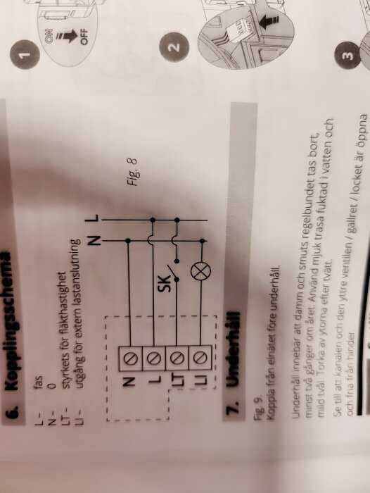 Diagram över kopplingsschema för Flexit Vario WiFi, inklusive komponentmärkningar och ledningar, samt instruktioner för underhåll.