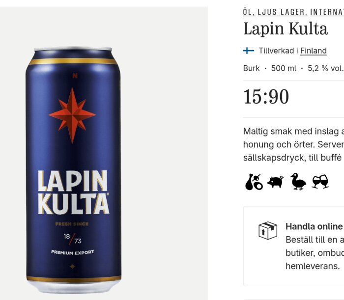 Blå burk med Lapin Kulta öl, en ljus lager från Finland. 5,2 % volym, burken rymmer 500 ml. Finns på Alko och Systembolaget.