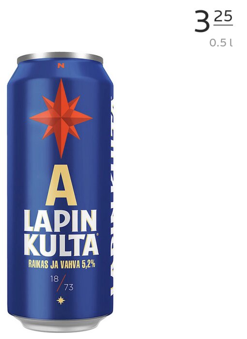 Blå burk med Lapin Kulta öl, 5,2% alkoholhalt, 0,5 liter.