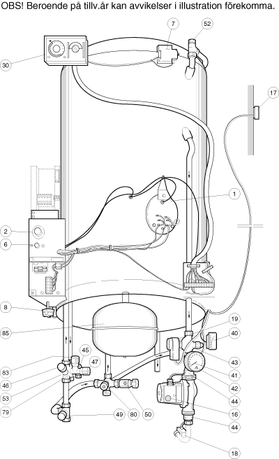 Schematisk illustration av elpanna med numrerade komponenter, fokus på del vid nummer 80. Förklaringar av komponenter varierar beroende på tillverkningsår.