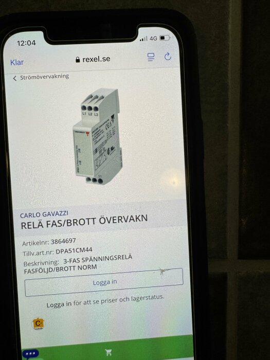 Bild på en mobilskärm som visar Carlo Gavazzi relä för fas/brott övervakning från en webbsida.