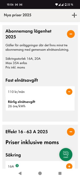 Skärmdump av en webbplats som visar nya elnätspriser för abonnemang i lägenhet 2025, med fasta och rörliga avgifter inklusive moms.