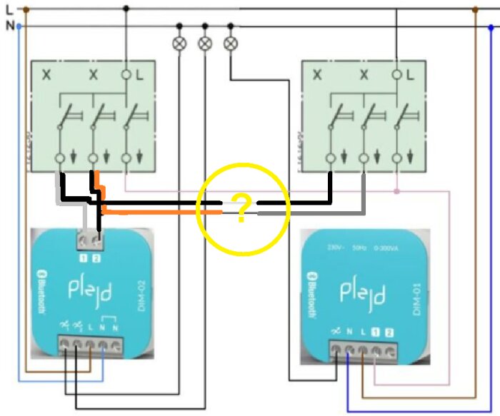 Kopplingsschema med ledningar i olika färger mellan två strömställare och två DIM-enheter, markerad oklar ledningsanslutning.