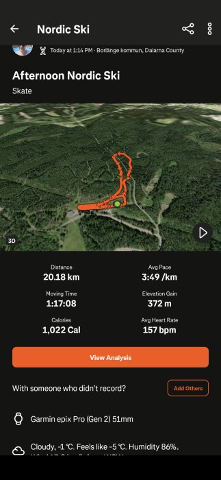 3D-karta av en nordisk skidruttsomgång. Statistik: 20,18 km, 1:17:08 tid, 372 m höjdökning, 1022 kalorier förbrända, medelhastighet 3:49/km.