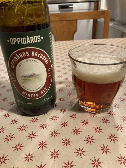 Flaska och glas med Oppigårds Winter Ale på ett mönstrat bord.