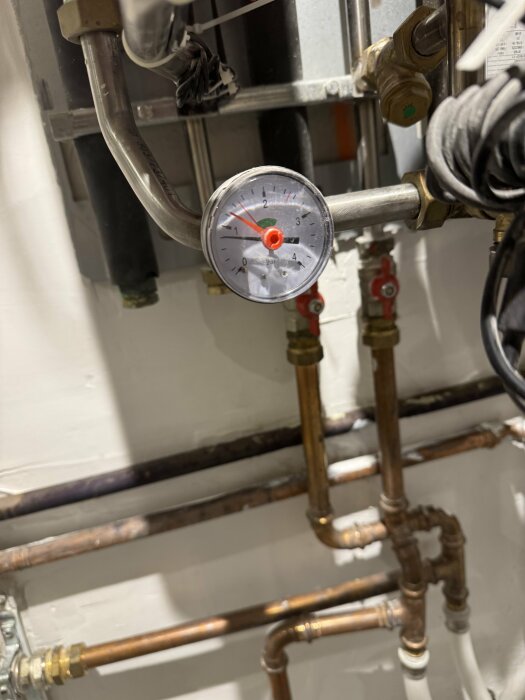 Manometer och rör vid fjärrvärmecentral, tryckmätare visar nivå mellan 2 och 3 bar, omgivande kopparrör och ventiler.