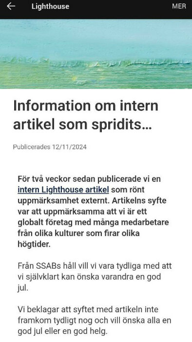 Skärmdump från en intern artikel i en företagsapp som heter Lighthouse, publicerad 2024-11-12, med text om global kulturell uppmärksamhet.