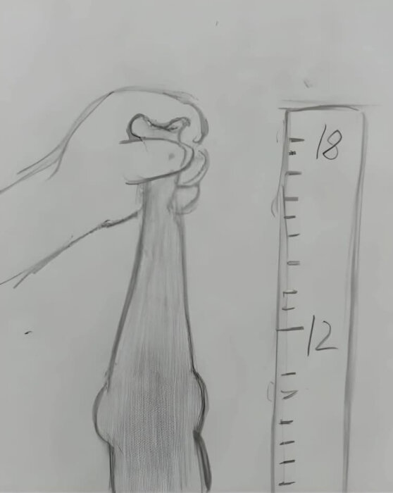 En hand sträcker ut en elastisk ansiktsmask bredvid en linjal med markeringar, 12 till 18 cm, mot en vit bakgrund.