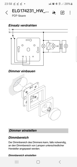Diagram över dimmerinstallation med ledningsdragning och komponentmontering. Texten visar också anpassning av dimmerns ljusområde.