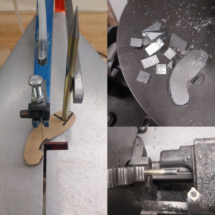 Bildcollage som visar en hemmabyggd lösning för ämneshållare, inklusive en bandsåg, utsågade komponenter i metall och trä, och en gängad stång i ett skruvstycke.