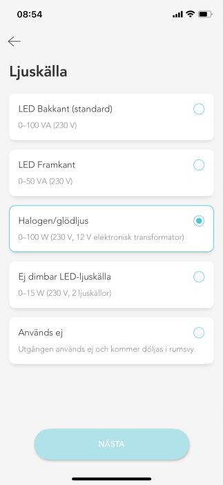 Skärmbild från en app som visar val av ljusskälla: LED bakkant, LED framkant, halogen/glödljus, ej dimbar LED- och använd ej alternativ.