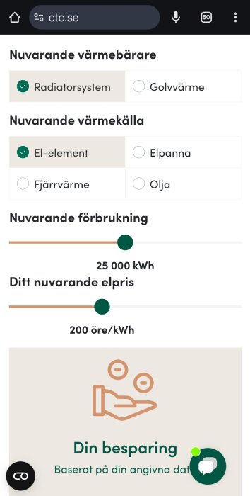 Kalkylatorsida från ctc.se som visar nuvarande värmesystem, värmekälla och förbrukning på 25 000 kWh med elpris 200 öre/kWh.