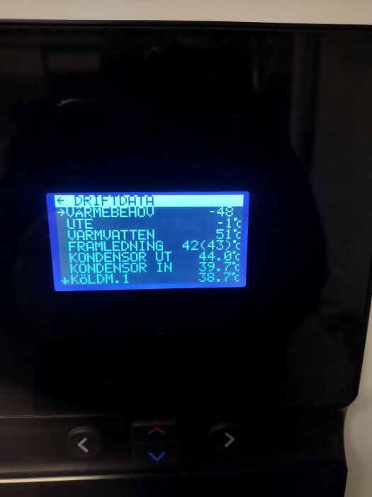 Närbild av en värmepumpdisplay som visar driftdatainformation, inklusive temperaturer för ute, varmvatten, framledning, kondensor och köldmedium 1.