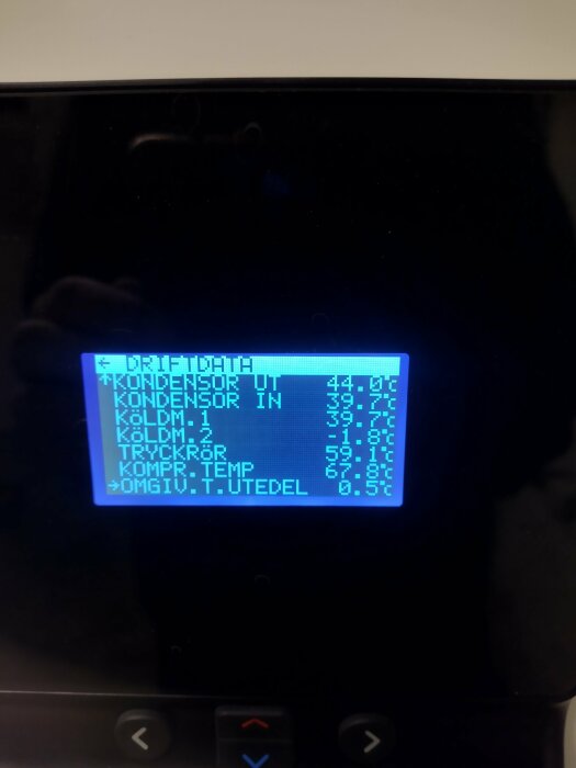 Display som visar driftdatan för luft/vatten-värmepump med temperaturvärden för kondensor, köldmedia och omgivande temperatur.