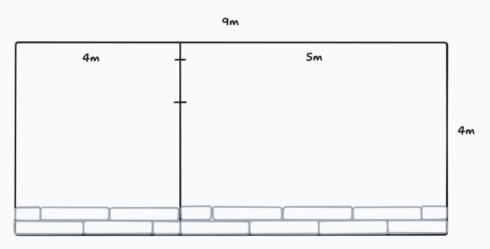 Grov skiss över rumsplan med golvriktning markerad, visar väggmått: 9m x 4m, delad i två sektioner, vänster 4m bred och höger 5m bred.