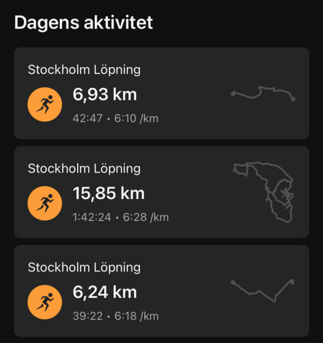 Tre löpningar i Stockholm: 6,93 km, 15,85 km och 6,24 km med kartor för varje runda och genomsnittliga kilometertider.