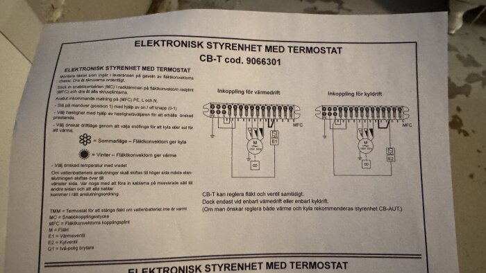 Instruktionsblad för elektronisk styrning med termostat för fläktkonvektor; visar inkopplingsschema för värmedrift och kyldrift.