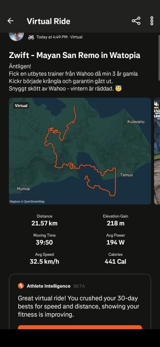 Virtuell cykeltur i Zwift: Mayan San Remo i Watopia, visar ruttkarta och statistik med 21,57 km distans, 218 m höjdökning och 32,5 km/h snitthastighet.