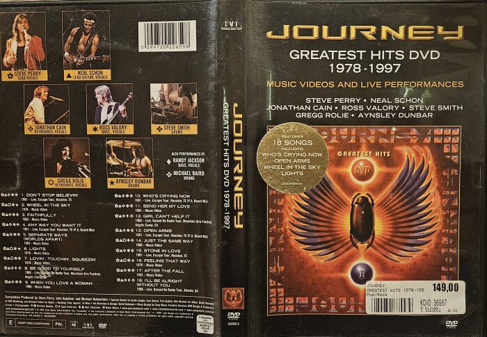 DVD-omslag för Journey Greatest Hits 1978-1997 med låtlista och bilder på bandmedlemmar, inkluderar liveframträdanden och musikvideor.