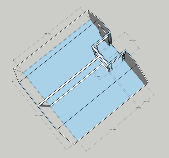 3D-modell av ett rektangulärt byggprojekt med mått, visar olika sektioner och vinklar i blått och grått.