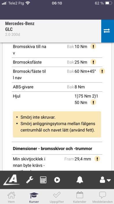 Instruktioner för åtdragningsmoment och smörjning för Mercedes-Benz GLC, inklusive bromskomponenter och hjulmuttrar.