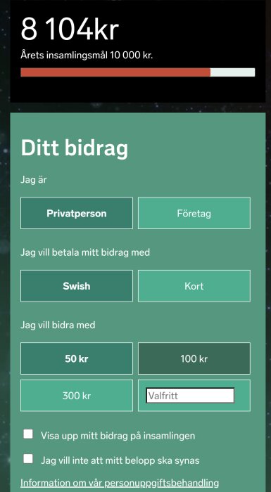 Insamlingssida som visar 8 104 kr mot ett mål på 10 000 kr. Val för bidragsbelopp och betalningsmetod.