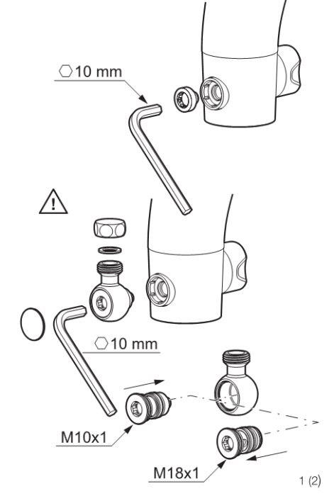 Illustration av montering av diskmaskinsvinkel på köksblandare. Visa insexnyckel 10 mm och anslutningar M10x1 och M18x1.