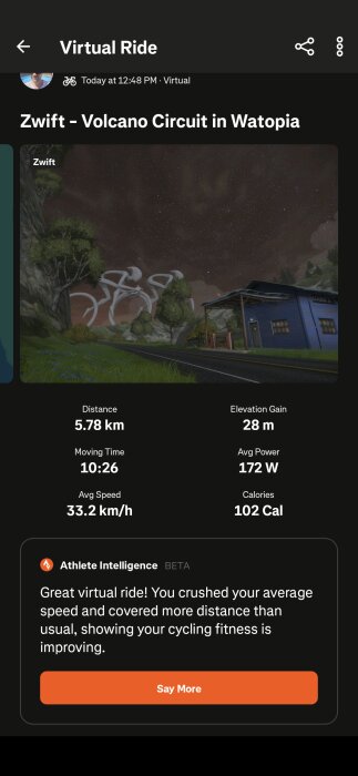 Virtuell cykeltur på Zwift Volcano Circuit i Watopia, visar distans, höjdmeter, genomsnittlig hastighet och kaloriförbrukning på skärmen.