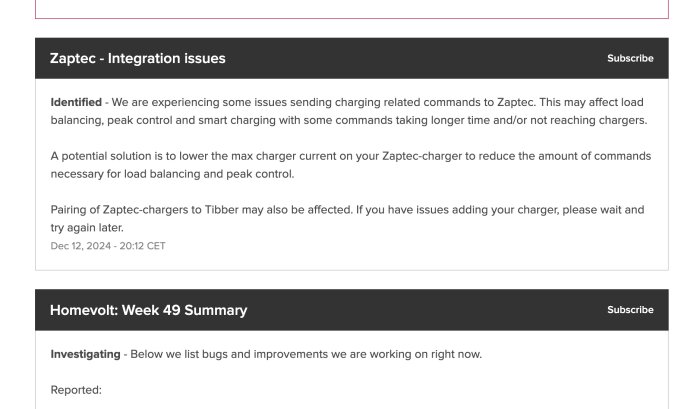 Skärmbild av ett meddelande om integrationsproblem mellan Tibber och Zaptec, inklusive laddningskommandon som ej når laddare korrekt, från den 12 december 2024.