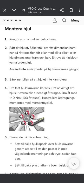 Illustration av ett hjul med instruktioner om att dra åt hjulskruvarna korsvis, med momentnyckel för korrekt åtdragning enligt Volvos rekommendationer.