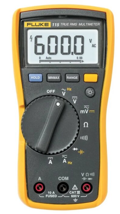 Multimeter Fluke 115 True RMS med display som visar 600V AC. Används för att mäta spänning i elektriska installationer.