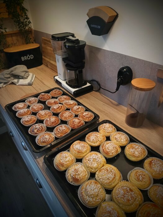 Plåtar med nygräddade bullar med pärlsocker, stående på en köksbänk, bredvid kaffebryggare och brödburk.